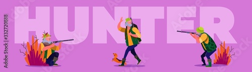 Hunter outdoors set. Man shooting riffle, holding shot animal, autumn landscape. Flat vector illustrations. Hobby, sport, activity concept for banner, website design or landing web page