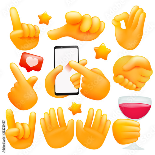 Set of various emoji yellow hand icons with wineglass, smartphone different gestures. 3d cartoon style