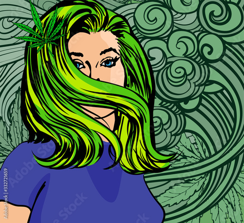 Pretty woman hair style, vector doodle. Cannabis leaf and styled drawn smoke on background