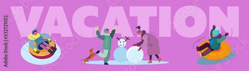 Winter vacation for kids set. Parents, children making snowman, skiing, skating, suburb street with houses. Flat vector illustrations. Family concept for banner, website design or landing web page