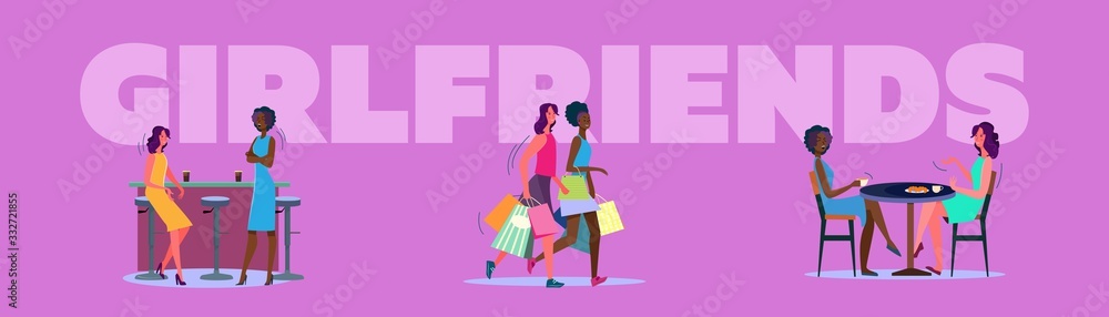 Female friends having fun together set. Two women in cafe, bar, college, shopping mall. Flat vector illustrations. Friendship, meeting concept for banner, website design or landing web page Female friends having fun together set. Two women in cafe, bar, college, shopping mall. Flat vector illustrations. Friendship, meeting concept for banner, website design or landing web page