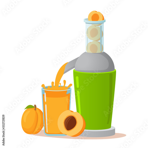  Electric juicer apricot juice. A concept for tropical fruit healthy lifestyle. Flat vector illustration.