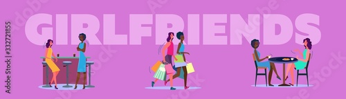 Female friends having fun together set. Two women in cafe, bar, college, shopping mall. Flat vector illustrations. Friendship, meeting concept for banner, website design or landing web page © PCH.Vector