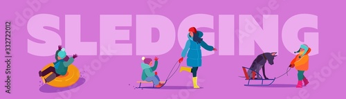 Christmas vacation set. Families and kids enjoying outdoor activities, country winter landscape. Flat vector illustrations. New year, countryside concept for banner, website design or landing web page