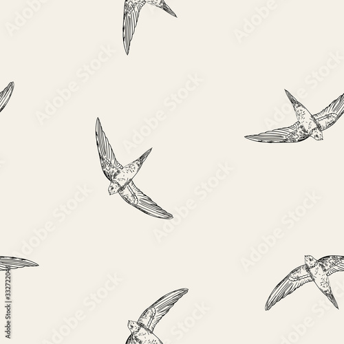 Vintage pattern with little swift birds. Monochrome vector background in doodle asian style.