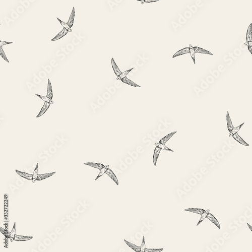 Vintage pattern with little swift birds. Monochrome vector background in doodle asian style.