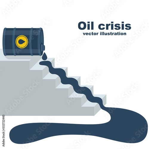 Oil price falling. Oil flowing down stairs as symbol of falling income. World crisis. Barrel of gasoline spilled. Price falling concept. Financial chart down. Declining prices. Vector flat design.