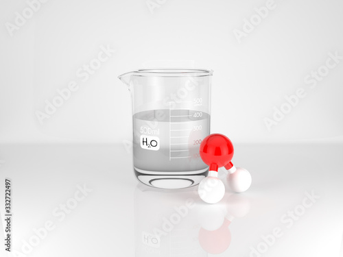 Water molecule next to a chemistry beaker full of water