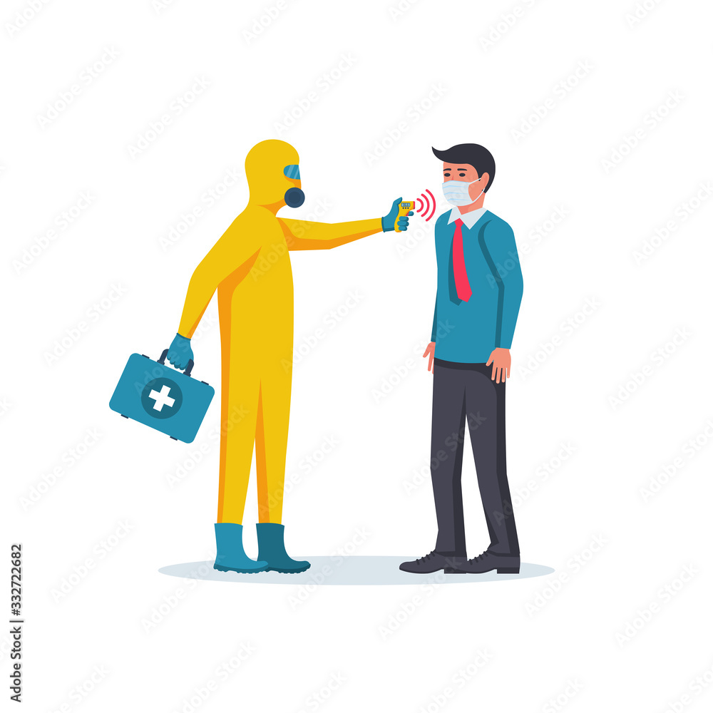 Doctor in hazmat holding a non-contact thermometer in hand. Temperature check. Mask on face, person in control. Coronavirus prevention. Epidemic 2019-ncov. Measuring body temperature. Vector flat. Doctor in hazmat holding a non-contact thermometer in hand. Temperature check. Mask on face, person in control. Coronavirus prevention. Epidemic 2019-ncov. Measuring body temperature. Vector flat.