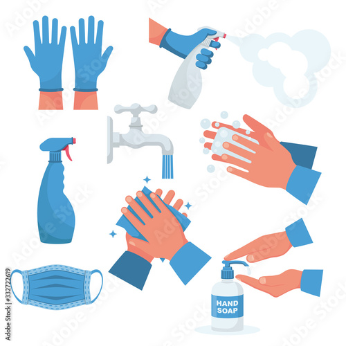 Prevention set. Rubber gloves on hands, medical mask. Bottle of antiseptic spray. Antibacterial flask. Disinfectant concept. Vector flat design. Coronavirus protection. Hand washing water with soap.