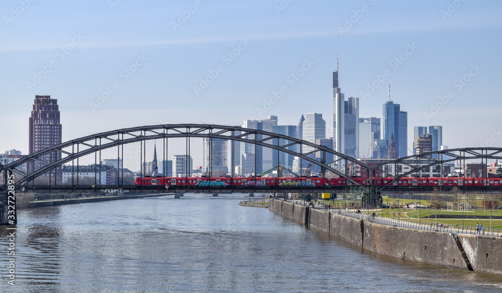 Main River, Rail Bridge, and Skyline of Frankfurt, Germany