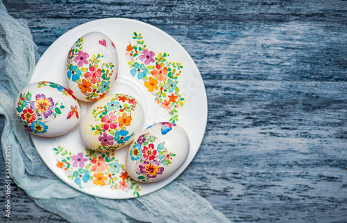 Decoupage decorated Easter eggs with copy space