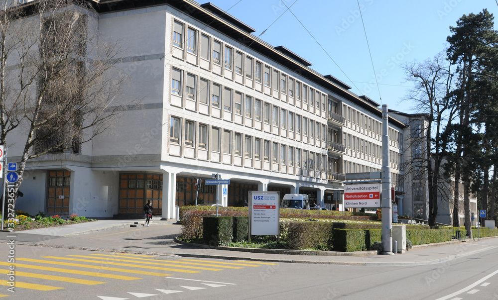 Switzerland/Zürich City: The University Hospital Entrance sign that no patience consultations for family members will be possible