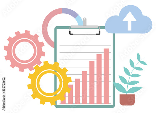Paper document report with infochart vector, isolated house plant decoration. Cogwheel process symbol and cloud with arrowhead in up direction flat style