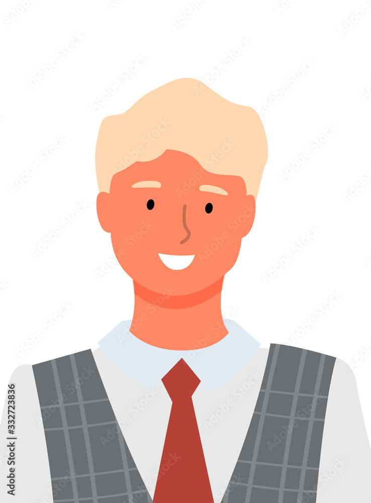 Man portrait closeup, man in tie and shirt isolated. Vector business person, picture of office worker or online consultant, positive guy avatar, flat style