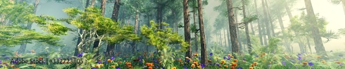 Trees in a haze, sunlight in the forest, a fabulous forest in the morning in the fog