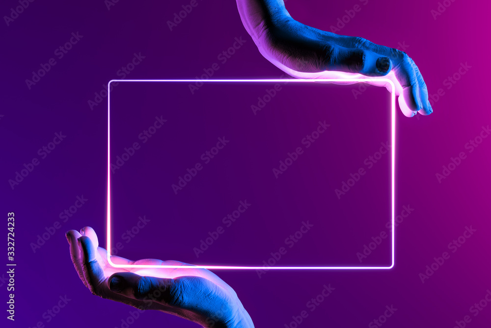 Human Hands Holding Neon Frame. Hands Illuminated by Pink, Violet and Blue Neon Lights. 3d rendering - obrazy, fototapety, plakaty 