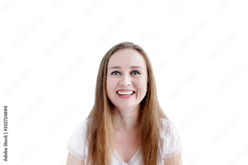 Excited happy woman with wide smile on her face, close-up portrait of natural attractive female isolated on white Excited happy woman with wide smile on her face, close-up portrait of natural attractive female isolated on white