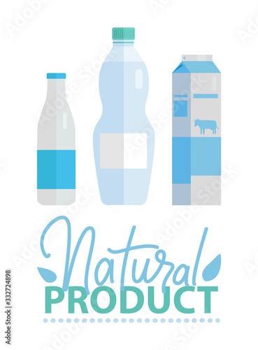 Natural product, milky in bottle and paper pack, milk or yogurt in flask, lacteous drink in blue color, poster of deciduous product, dairy symbol vector