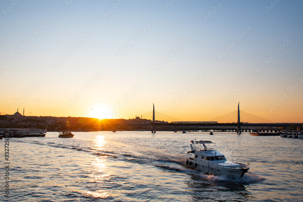 summer Sunny landscape in Istanbul on the sunset.  Strait through the Bosphorus with a view of the blue mosque.