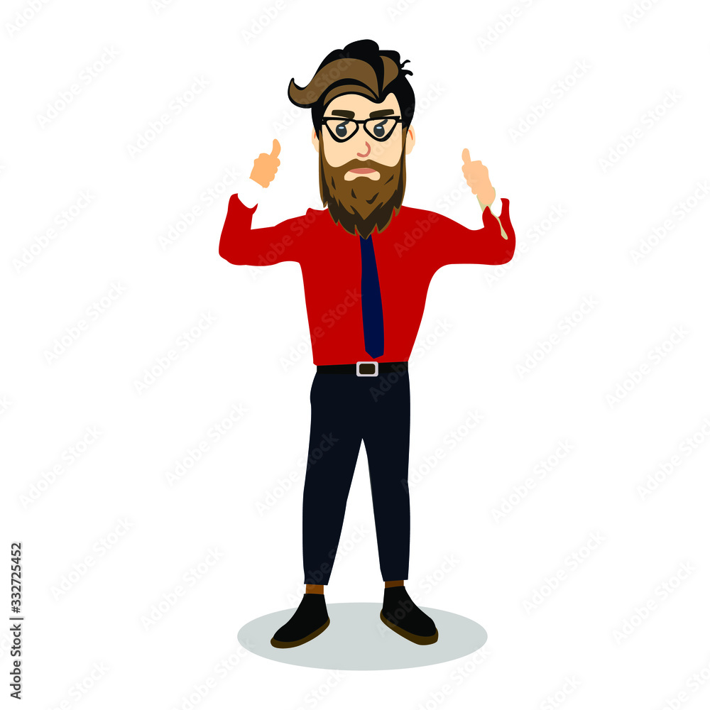 Cool hipster is building a business. Young man in a business style with a tie. Happy man showing thumbs up. Vector illustration of a businessman with a beard and mustache. Cool hipster is building a business. Young man in a business style with a tie. Happy man showing thumbs up. Vector illustration of a businessman with a beard and mustache.
