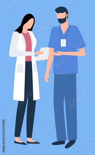Man and woman hospital colleagues discussing, portrait and full length view of assistant or nurse holding papers, surgeon in uniform and badge vector
