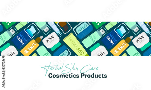 Organic or natural cosmetics. Many jars and bottles with cosmetic names. Facial skin care. Online store. Landing page template. Background is for banner, header, advertising, mailing list. Vector