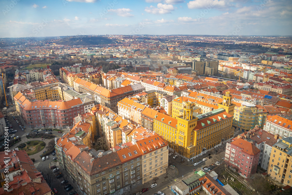 Aerial view of Prague from Zizkov television tower in sunny day in Prague, Czech Republic
