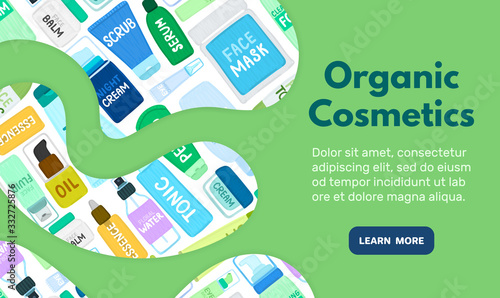 Organic or natural cosmetics. Many jars and bottles with cosmetic names. Facial skin care. Online store. Landing page template. Background is for banner, header, advertising, mailing list. Vector
