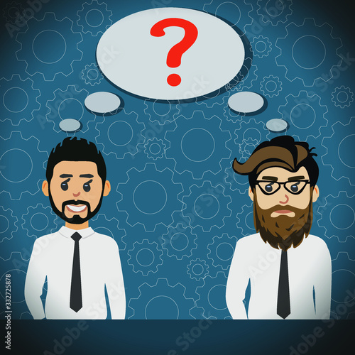 Two businessmen and a question mark. The arrangements are unsuccessful. Problems in the interaction of workers. Questions in a business concept. Negotiations of two men.