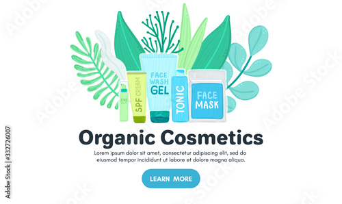 Organic or natural cosmetics. Many jars and bottles with cosmetic names. Facial skin care. Online store. Landing page template. Background is for banner, header, advertising, mailing list. Vector