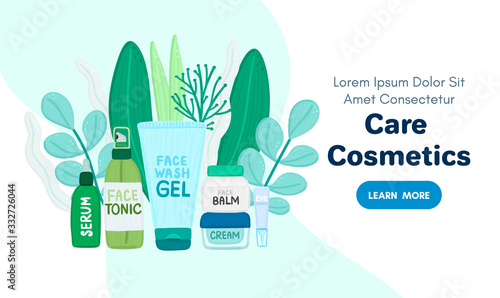 Organic or natural cosmetics. Many jars and bottles with cosmetic names. Facial skin care. Online store. Landing page template. Background is for banner, header, advertising, mailing list. Vector