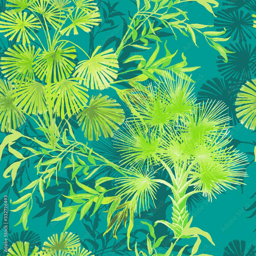 Modern exotic jungle plants illustration pattern. Creative contemporary floral seamless pattern. Fashionable template for design.