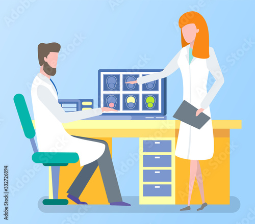 Male doctor and female nurse looking at results of patient brain scan on the monitor screen. Health care, medical diagnosis, oncology treatment vector