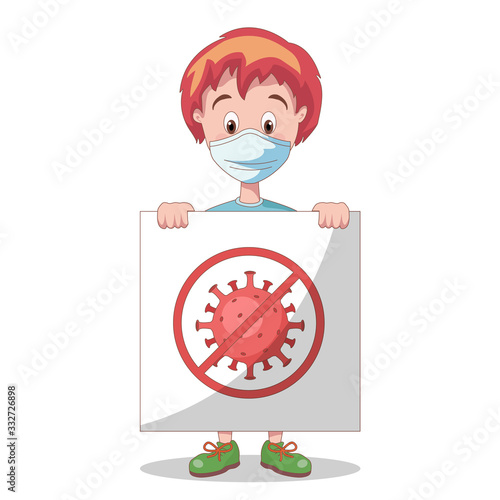 Boy with mask holding placard for outbreak of coronavirus