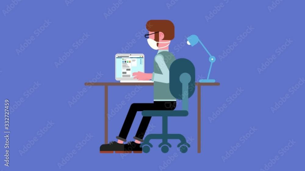 Seamless loop. A quarantined worker sits at a computer and types on the keyboard. Staying home with self quarantine. Protect from viruses. Coronavirus Prevention. Pandemic. Epidemic. Seamless loop. A quarantined worker sits at a computer and types on the keyboard. Staying home with self quarantine. Protect from viruses. Coronavirus Prevention. Pandemic. Epidemic.