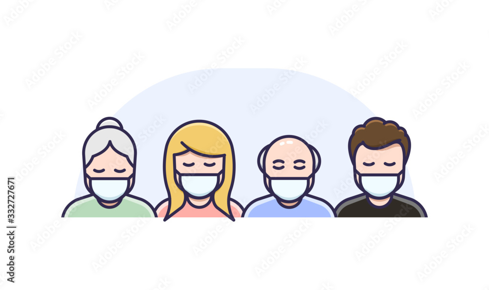 Men and Women in medical face protection mask. Vector of symptomatic or asymptomatic people wearing protective surgical mask. Concepts of sickness, coronavirus, quarantine, social distancing Men and Women in medical face protection mask. Vector of symptomatic or asymptomatic people wearing protective surgical mask. Concepts of sickness, coronavirus, quarantine, social distancing
