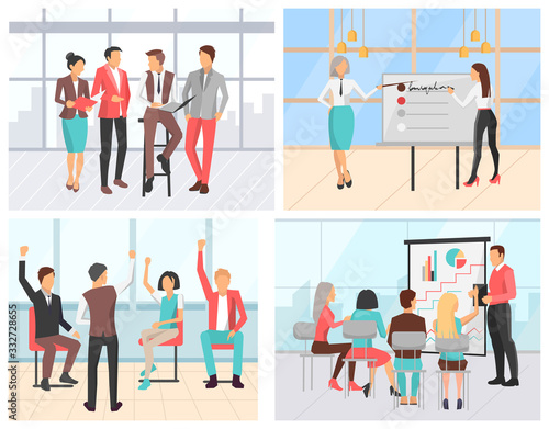 People giving presentation in office vector, team celebrating success. Business training or seminar for education and learning. Presenters with board