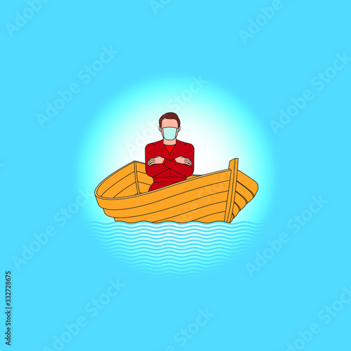 Corona virus - staying at home (self-isolation). Man avoids illness in a wooden boat. Vector illustration.