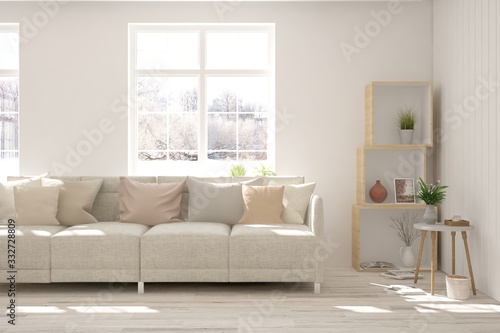 White living room with sofa and winter landscape in window. Scandinavian interior design. 3D illustration © AntonSh
