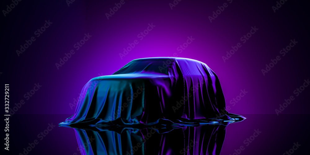 Presentation Of Car Covered With Cloth On Dark Illuminated By Violet 