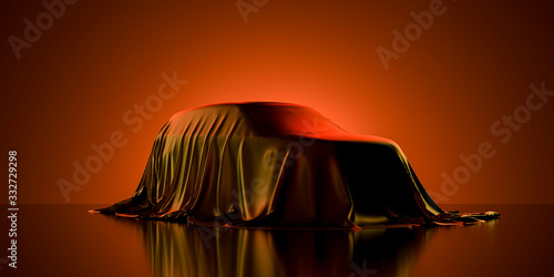 Presentation Of Luxury Car Covered With Cloth on Dark Illuminated By Orange Neon Light Background. 3d rendering