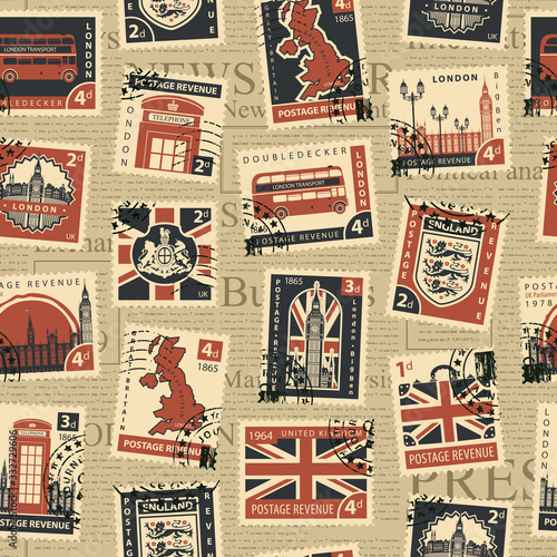 Vector seamless pattern on UK and London theme with postage stamps and postmarks on the background of newspaper in retro style. Suitable for wallpaper, wrapping paper or fabric