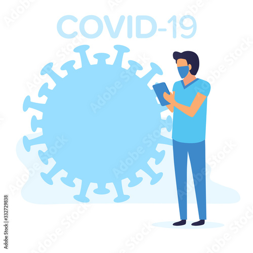 Doctor with mask protecting himself from covid-19 epidemic coronavirus. Flat vector blue colors illustration of quarantine. Epidemic global pandemic. 