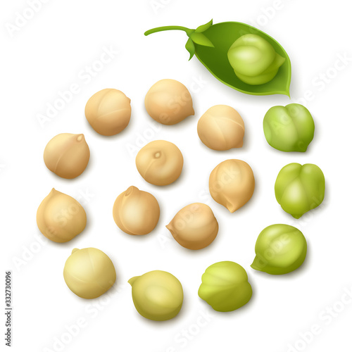 Fresh and dried chickpea beans with green pod, lying in a spiral shape. White background. Top view.