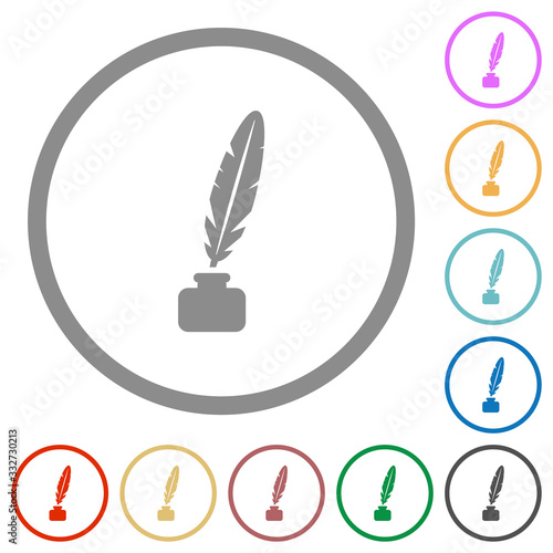 Feather in ink bottle flat icons with outlines