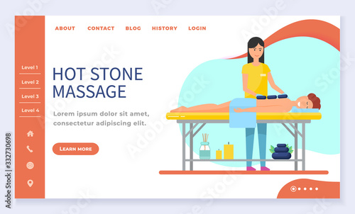 Hot stone massage, spa salon web landing page template vector. Girl lying at massage table, beauty studio, wellness center Internet banner. Massaging session, masseur and patient in towel illustration