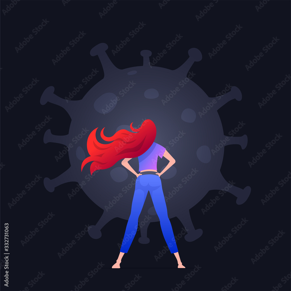 The girl is standing in front of Covid-19 virus and protecting herself. - obrazy, fototapety, plakaty 