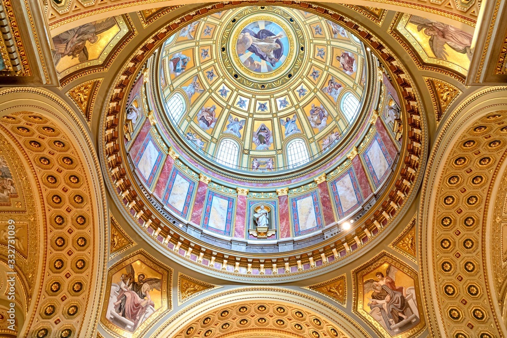 Budapest, Hungary, 21 April 2019.View inside the Basilica of Sant Istvan(Stephen), . Painted and decorated dome vault.
