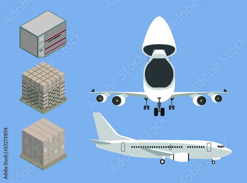 Beautiful vector of 'air cargo concept' for info graphic included cargo airplane front side with open cockpit  and rear side with isometric view of container and pallet ULD package vintage retro style